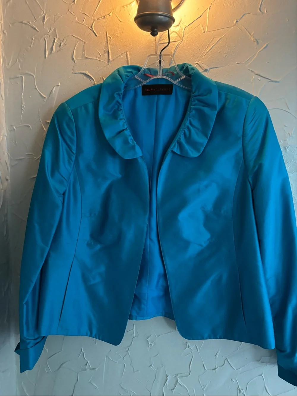 Nina Leonard Teal Ruffle-Collar Blazer
